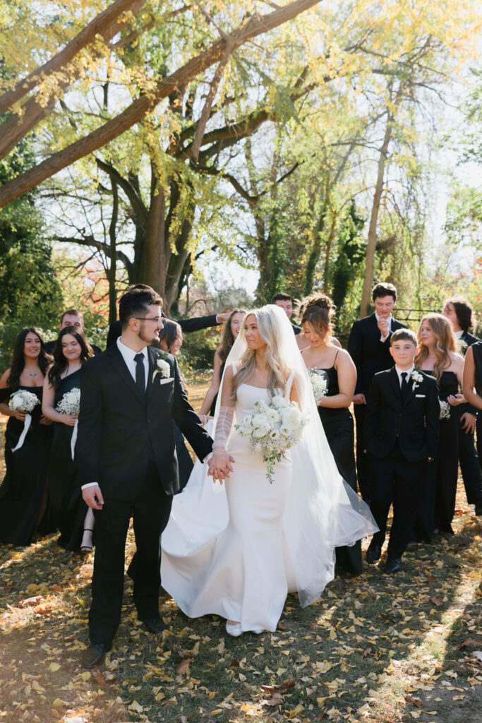 Wedding party portrait during an autumn wedding at Flourtown Country Club