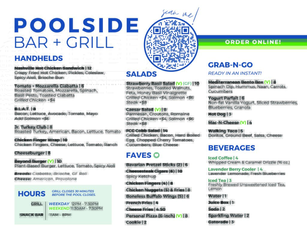The poolside grill and bar menu