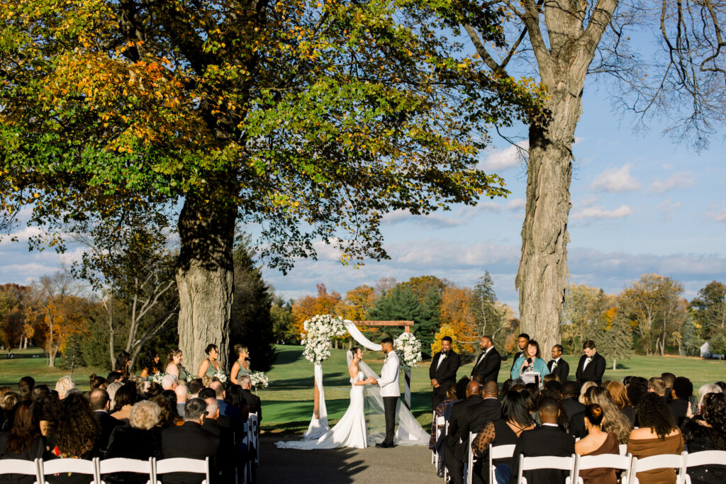 Wedding ceremony in autumn at Flourtown Country Club
